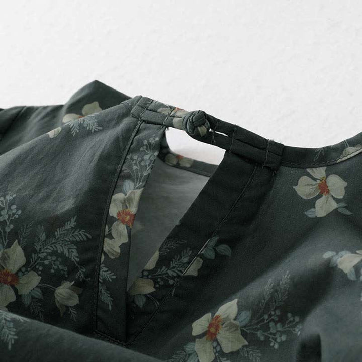 Buddha Stones Letnie sukienki damskie z krótkim rękawem i kieszenią, w stylu vintage, ze ściągaczem i szarymi kwiatami - image 4