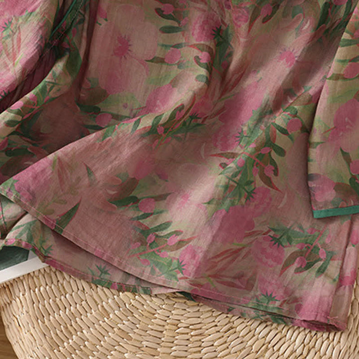 Buddha Stones Letnie koszule damskie w stylu Tang z kołnierzykiem stójkowym i żabim guzikiem w kwiaty, z rękawem 3/4 - image 6