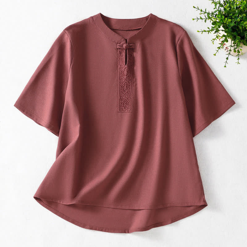 Buddha Stones Letnie koszule damskie z krótkim rękawem w stylu Tang z żabą i haftem Vines - IndianRed - US8-10, UK/AU12-14, EU40-42 (2XL) - image 9