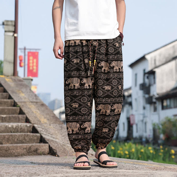 Buddha Stones Letnie, swobodne spodnie haremowe męskie w stylu boho ze ściągaczem i nadrukiem w kształcie słonia, z kieszeniami - SaddleBrown - US/UK/AU46, EU56 (5XL) - image 0