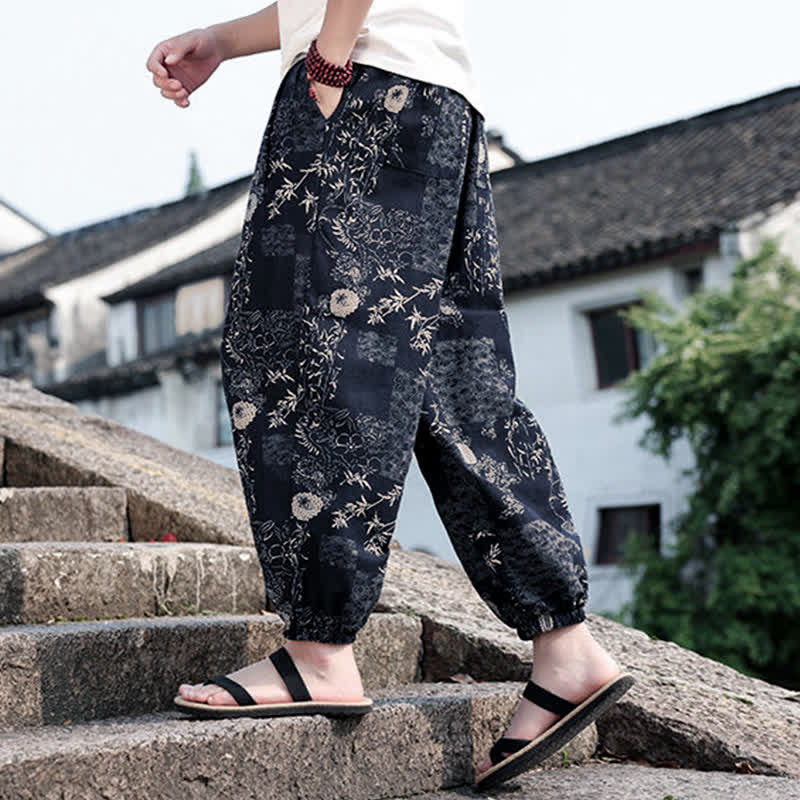 Buddha Stones Letnie, swobodne spodnie haremowe męskie w stylu boho ze ściągaczem i nadrukiem w kształcie słonia, z kieszeniami - image 14