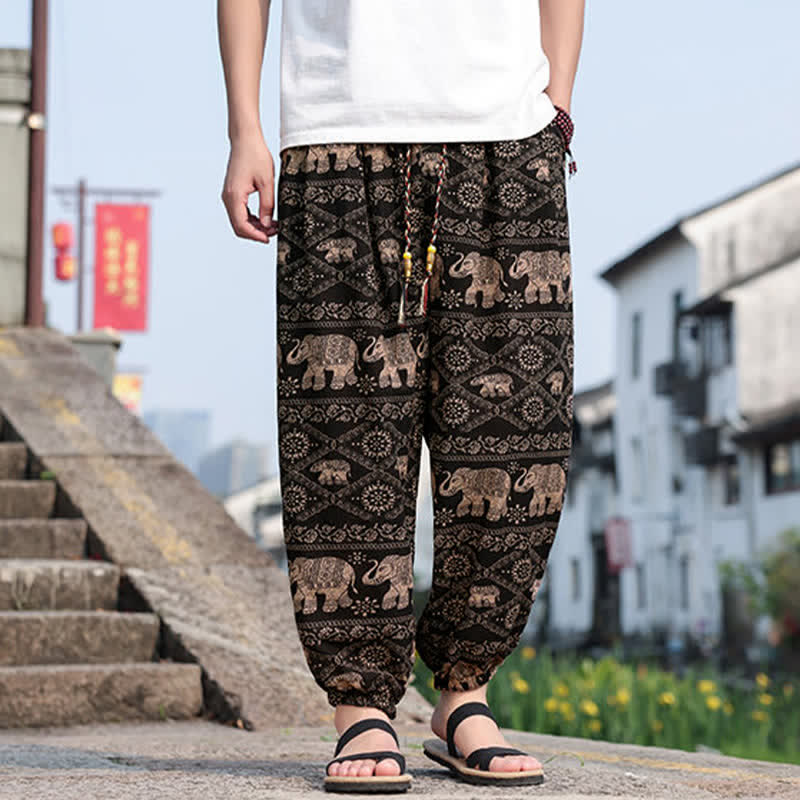 Buddha Stones Letnie, swobodne spodnie haremowe męskie w stylu boho ze ściągaczem i nadrukiem w kształcie słonia, z kieszeniami - image 1
