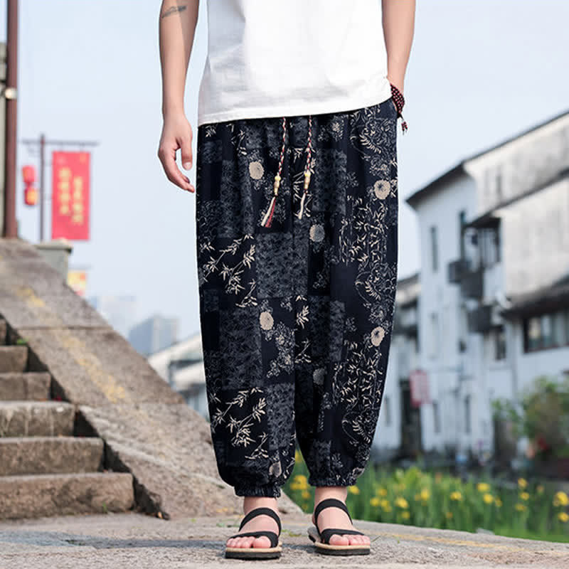 Buddha Stones Letnie, swobodne spodnie haremowe męskie w stylu boho ze ściągaczem i nadrukiem w kształcie słonia, z kieszeniami - Marynarka wojenna - US/UK/AU46, EU56 (5XL) - image 7