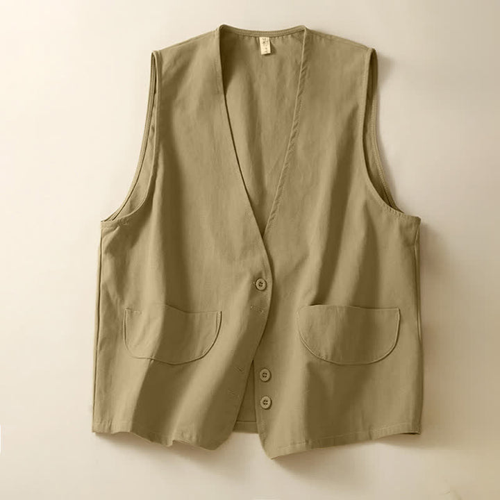 Buddha Stones Letnia, swobodna, minimalistyczna, zapinana na guziki, jednolita damska koszula bez rękawów z kieszenią - Ciemny Khaki - US14, UK/AU18, EU46 (2XL) - image 6