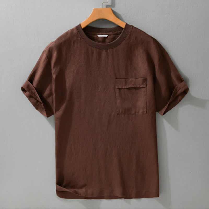 Buddha Stones Letnie, swobodne, minimalistyczne, solidne męskie koszulki z krótkim rękawem i kieszenią naszywaną - SaddleBrown - US/UK/AU42， EU52 (3XL) - image 13