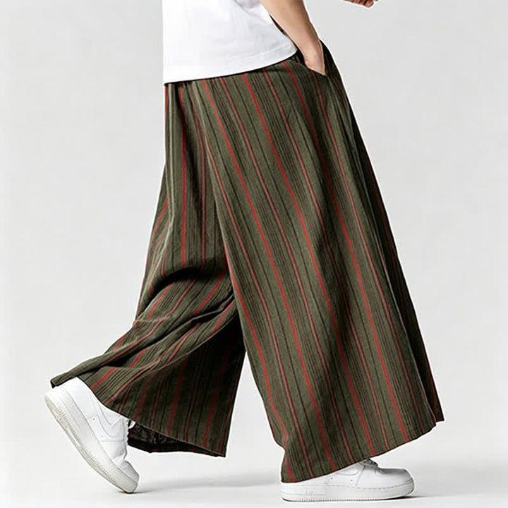 Buddha Stones Letnie spodnie w stylu vintage z szerokimi nogawkami i ściągaczem w paski i kieszenią - image 3