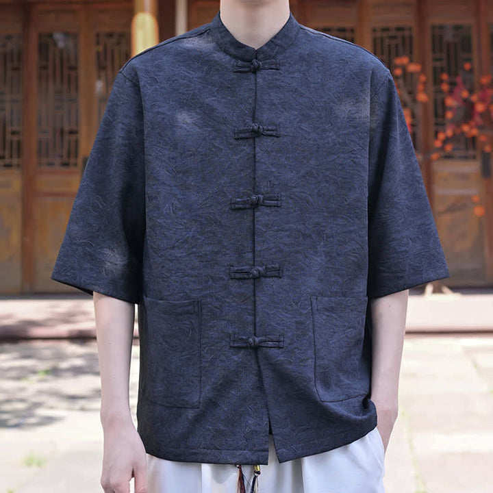 Buddha Stones Koszule męskie z krótkim rękawem i kieszenią, w stylu Summer Tang, z kołnierzykiem mandaryńskim i guzikami żabki - MidnightBlue - US/UK/AU46， EU56 (5XL) - image 7