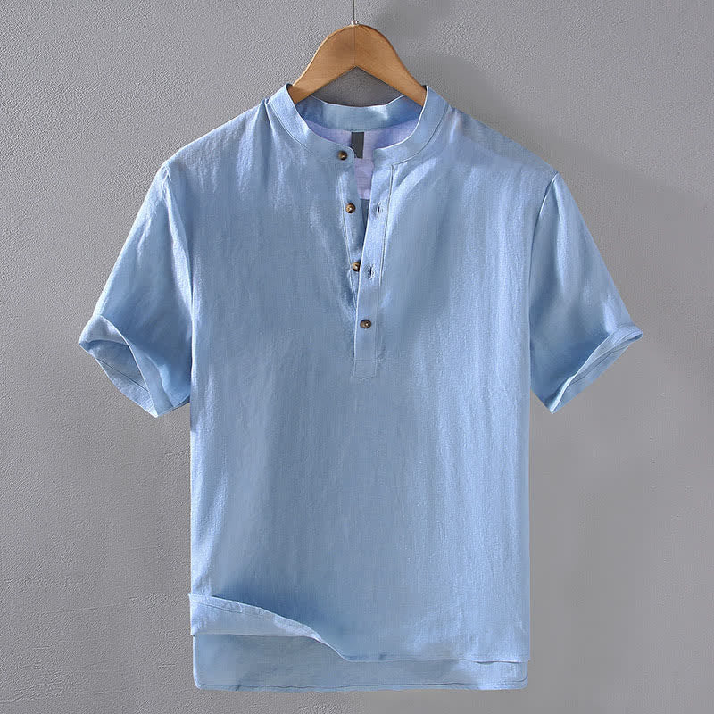 Buddha Stones Koszule męskie z krótkim rękawem w stylu Tang, casualowe, z kołnierzykiem stójkowym, z porządnego lnu - PowderBlue - US/UK/AU42， EU52 (3XL) - image 0