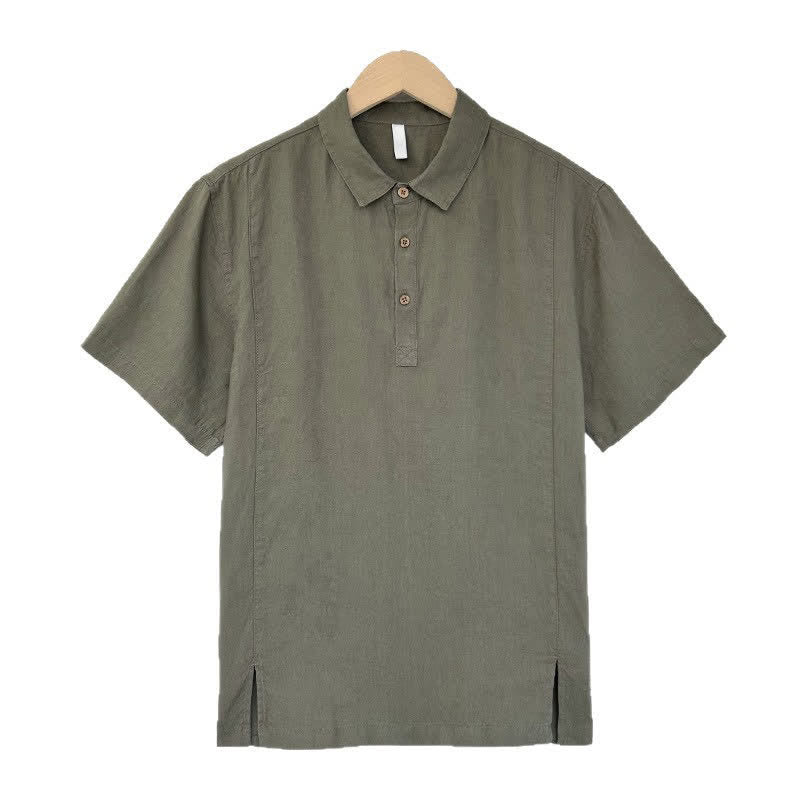 Buddha Stones Letnie, swobodne koszule męskie z krótkim rękawem z rozcięciami po bokach, z lnianego materiału - DarkOliveGreen - US/UK/AU44， EU54 (4XL) - image 8