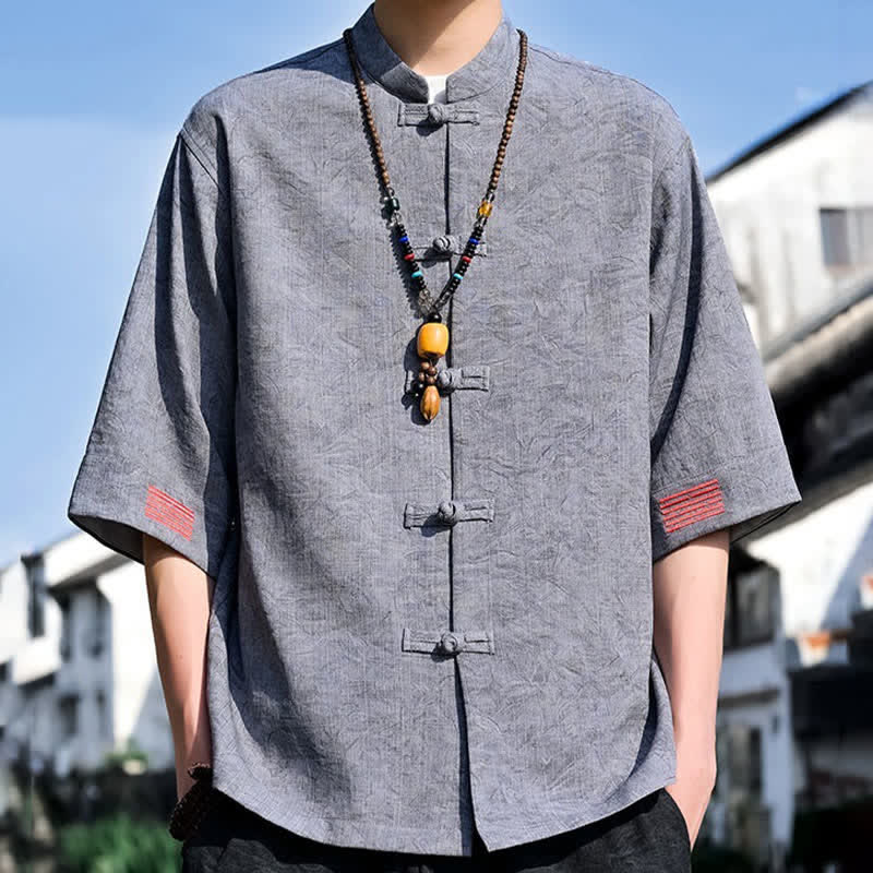 Buddha Stones Koszule męskie z krótkim rękawem i kołnierzykiem typu stójka w stylu Summer Tang, zapinane na guziki typu żaba - Jasnoszary - US/UK/AU46， EU56 (5XL) - image 12