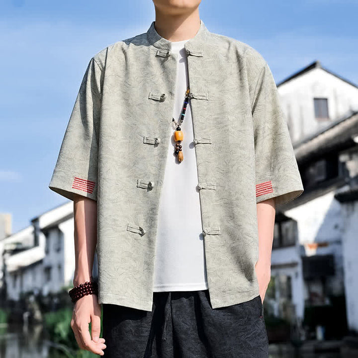 Buddha Stones Koszule męskie z krótkim rękawem i kołnierzykiem typu stójka w stylu Summer Tang, zapinane na guziki typu żaba - Beżowy - US/UK/AU46， EU56 (5XL) - image 0