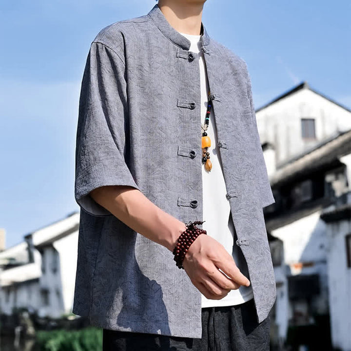 Buddha Stones Koszule męskie z krótkim rękawem i kołnierzykiem typu stójka w stylu Summer Tang, zapinane na guziki typu żaba - image 15