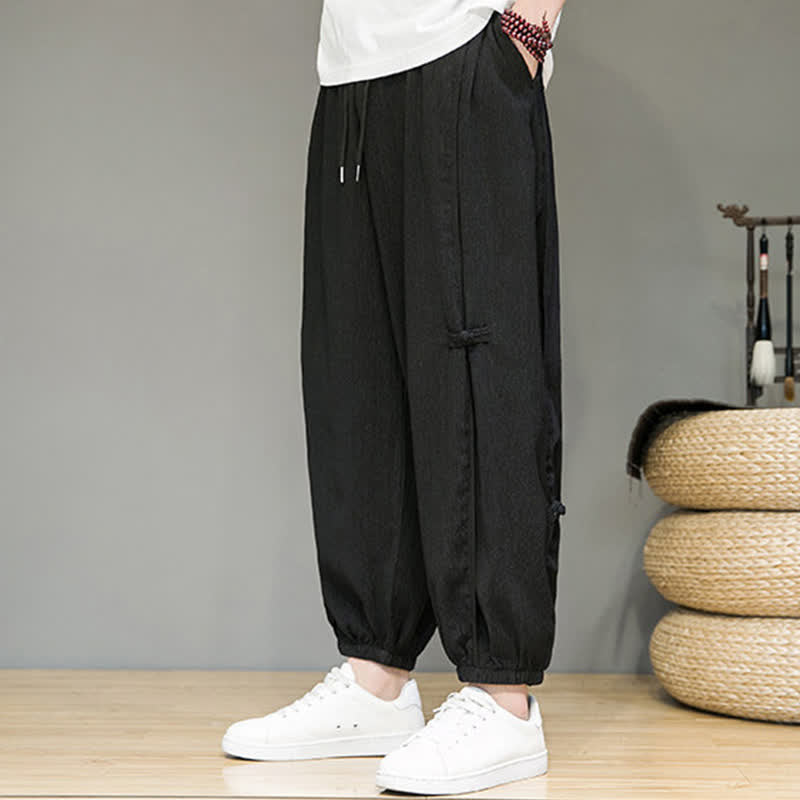 Buddha Stones Letnie, swobodne, minimalistyczne, ściągane sznurkiem, skrócone spodnie męskie typu harem z kieszenią - image 5