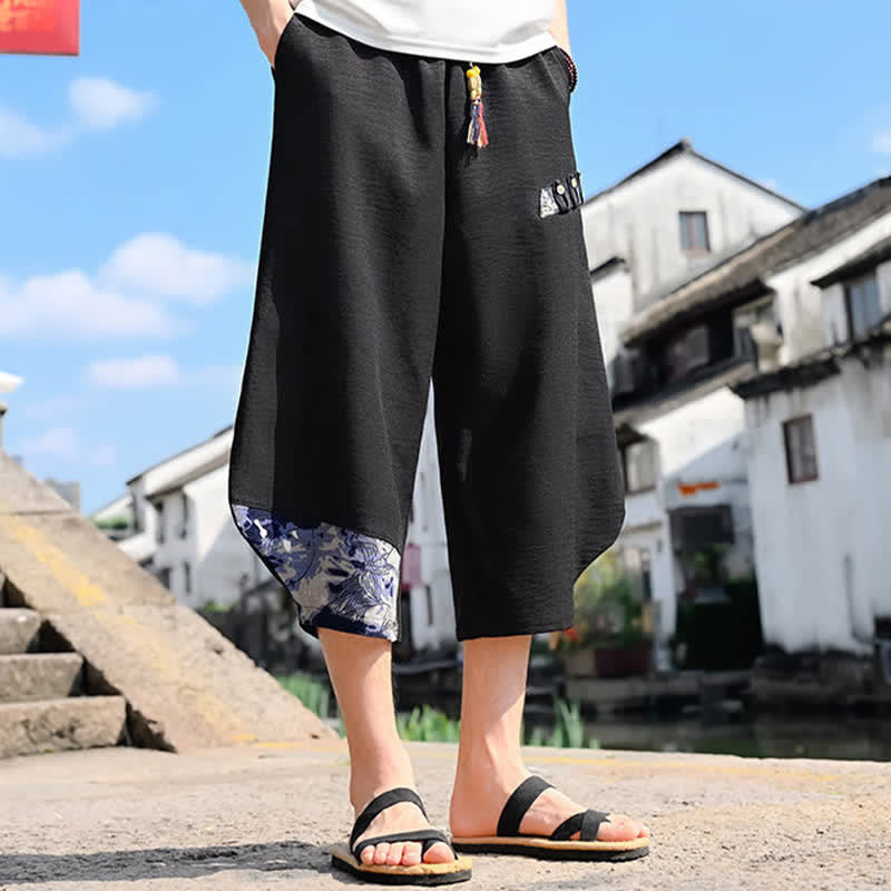 Buddha Stones Letnie, swobodne, vintage'owe spodnie capri z kwiatowym sznurkiem, męskie spodnie haremowe z kieszenią - image 1