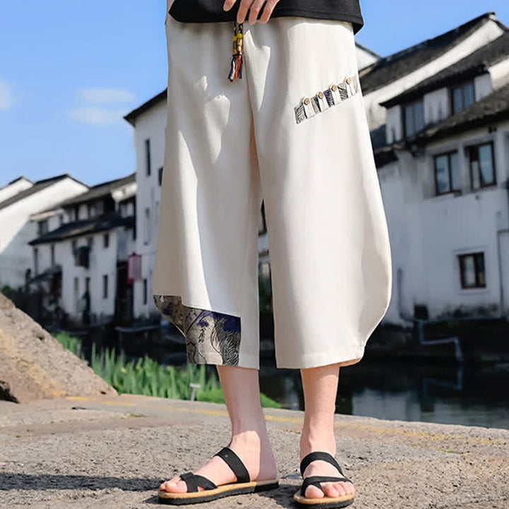 Buddha Stones Letnie, swobodne, vintage'owe spodnie capri z kwiatowym sznurkiem, męskie spodnie haremowe z kieszenią - image 12