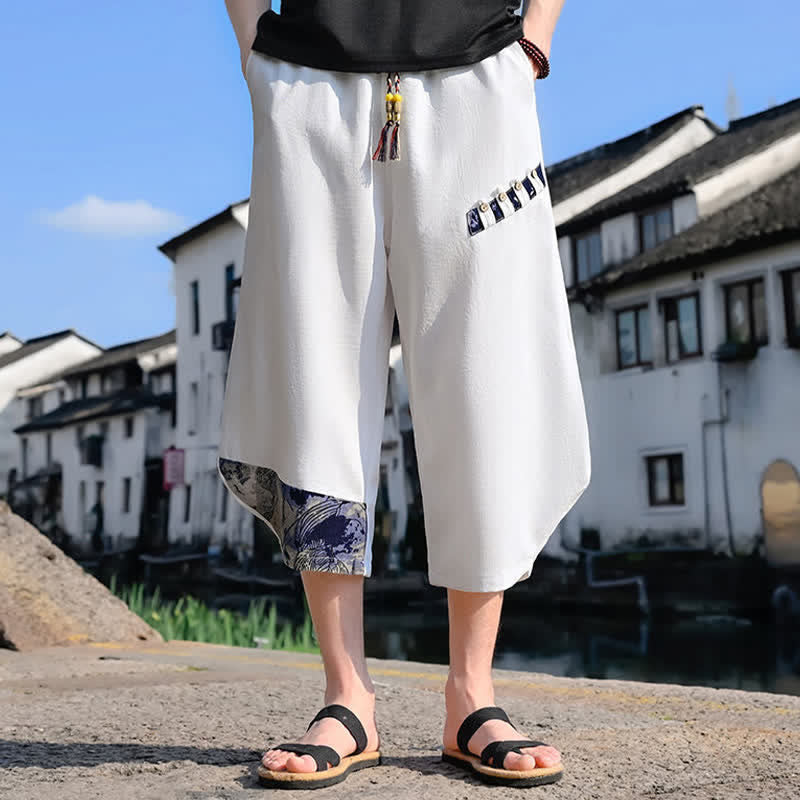 Buddha Stones Letnie, swobodne, vintage'owe spodnie capri z kwiatowym sznurkiem, męskie spodnie haremowe z kieszenią - image 18