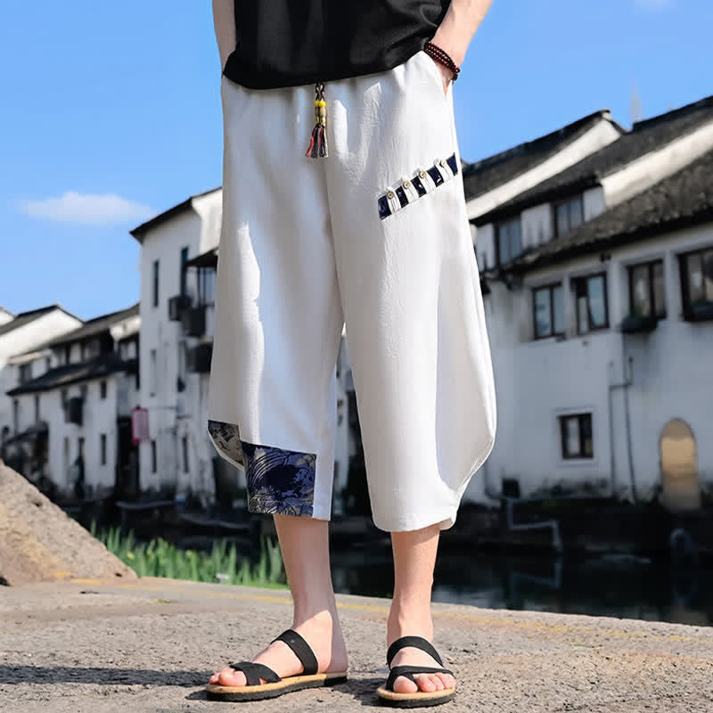 Buddha Stones Letnie, swobodne, vintage'owe spodnie capri z kwiatowym sznurkiem, męskie spodnie haremowe z kieszenią - image 10