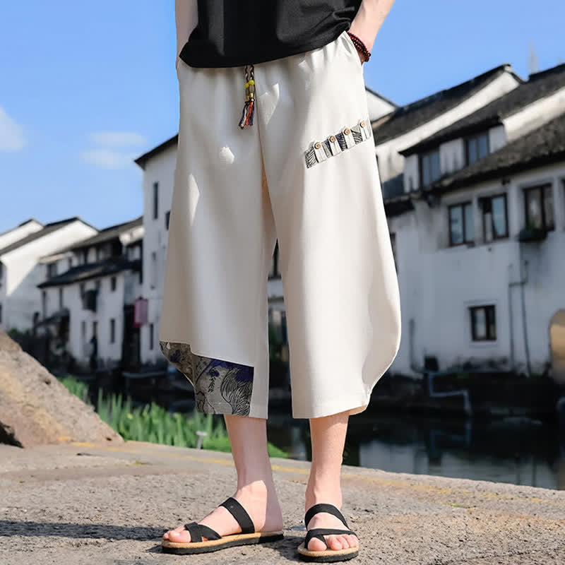 Buddha Stones Letnie, swobodne, vintage'owe spodnie capri z kwiatowym sznurkiem, męskie spodnie haremowe z kieszenią - image 16
