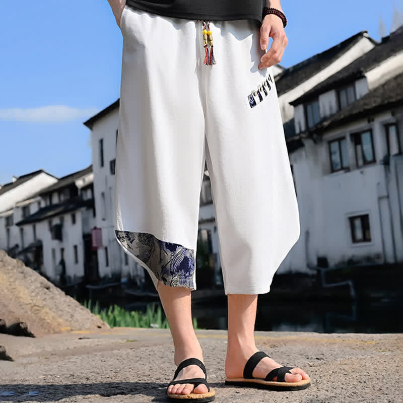 Buddha Stones Letnie, swobodne, vintage'owe spodnie capri z kwiatowym sznurkiem, męskie spodnie haremowe z kieszenią - image 11