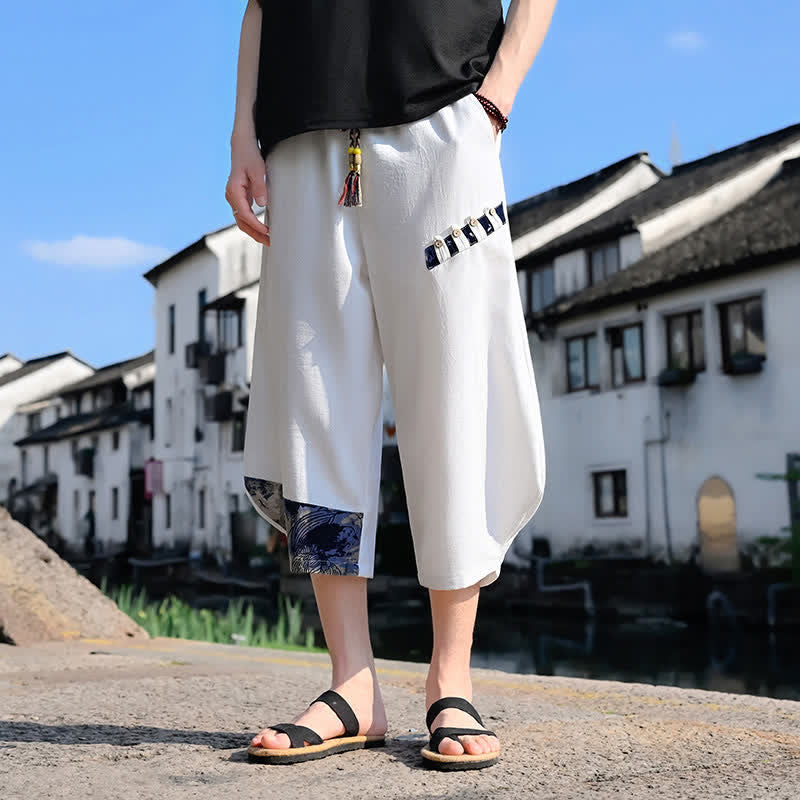 Buddha Stones Letnie, swobodne, vintage'owe spodnie capri z kwiatowym sznurkiem, męskie spodnie haremowe z kieszenią - image 17