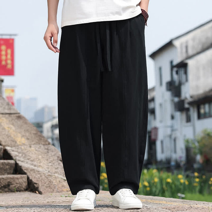 Buddha Stones Letnie, swobodne, minimalistyczne, długie spodnie męskie z bawełny ściąganej sznurkiem i kieszenią - Czarny - US/UK/AU46, EU56 (5XL) - image 9