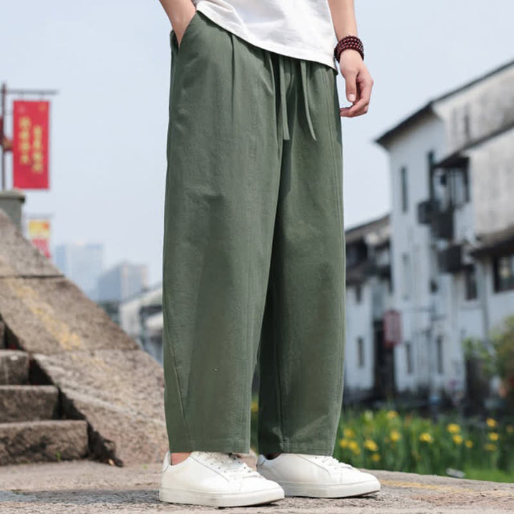 Buddha Stones Letnie, swobodne, minimalistyczne, długie spodnie męskie z bawełny ściąganej sznurkiem i kieszenią - image 23