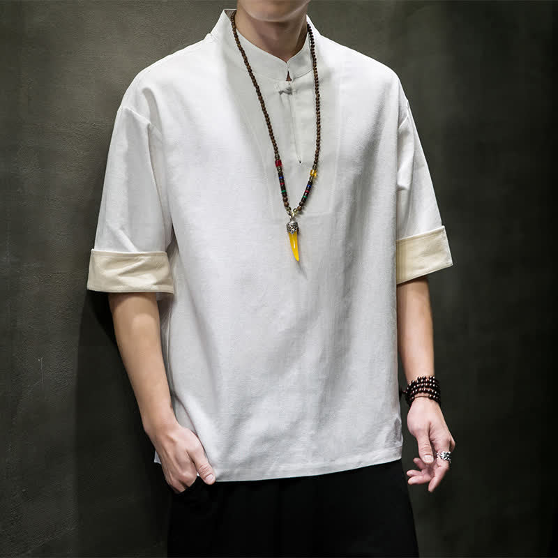 Buddha Stones Koszule męskie z krótkim rękawem w stylu Summer Tang z kołnierzykiem stójkowym - Biały - US/UK/AU46, EU56 (5XL) - image 14