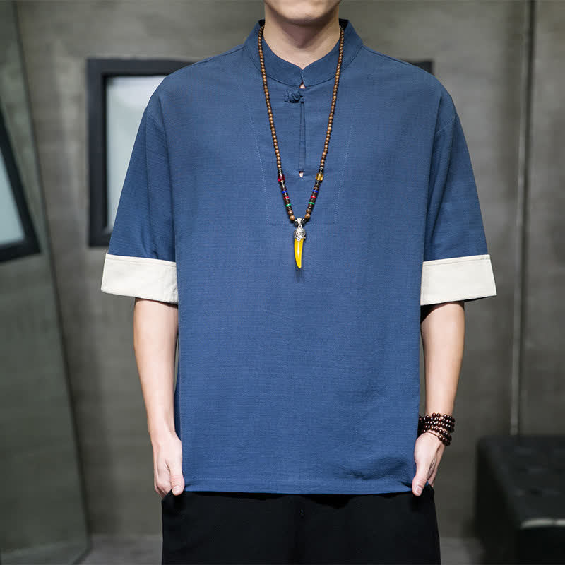 Buddha Stones Koszule męskie z krótkim rękawem w stylu Summer Tang z kołnierzykiem stójkowym - Stalowoniebieski - US/UK/AU46, EU56 (5XL) - image 0