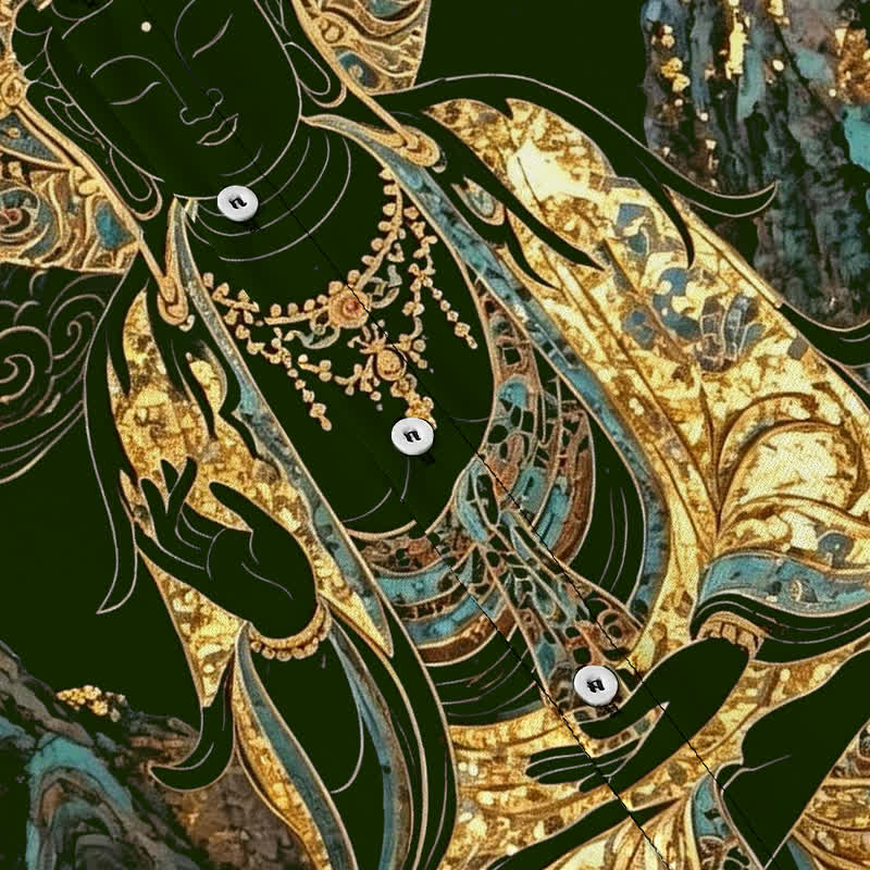 Buddha Stones Koszula męska z krótkim rękawem, odporna na zagniecenia, z guzikami w kształcie chmurki Buddy w kolorze złotym - image 8