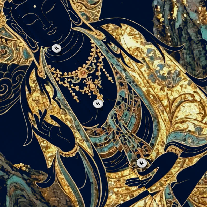 Buddha Stones Koszula męska z krótkim rękawem, odporna na zagniecenia, z guzikami w kształcie chmurki Buddy w kolorze złotym - image 13