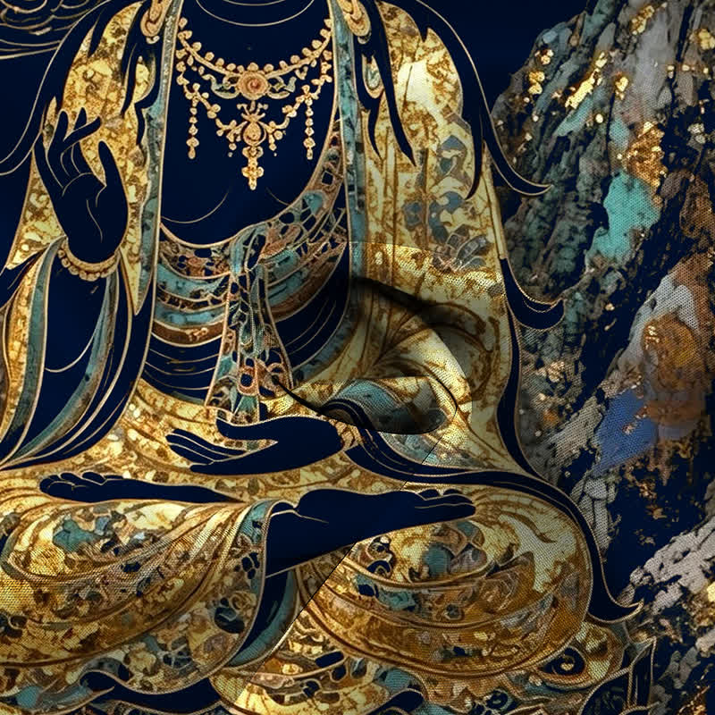 Buddha Stones Koszula męska z krótkim rękawem, odporna na zagniecenia, z guzikami w kształcie chmurki Buddy w kolorze złotym - image 14