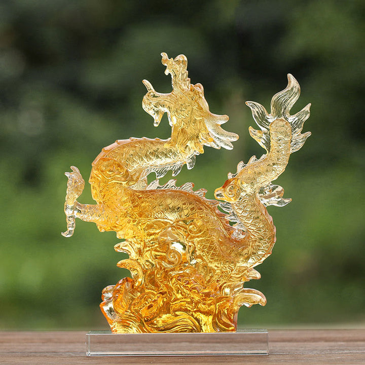 Buddha Stones Ręcznie Chińskie Zodiak Żółty Smok Liuli Kryształowe Dzieło Sztuki Szczęścia Ochrona Dekoracja Domu i Biura