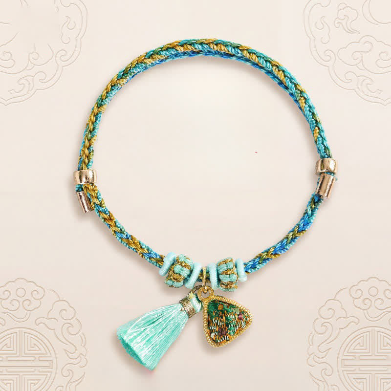 Buddha Stones Ręcznie tkana pięciokolorowa bransoletka z zielonego brokatu z motywem szczęścia i sakiewki z jabłkiem i tykwą w kształcie chińskiego zamka - image 1