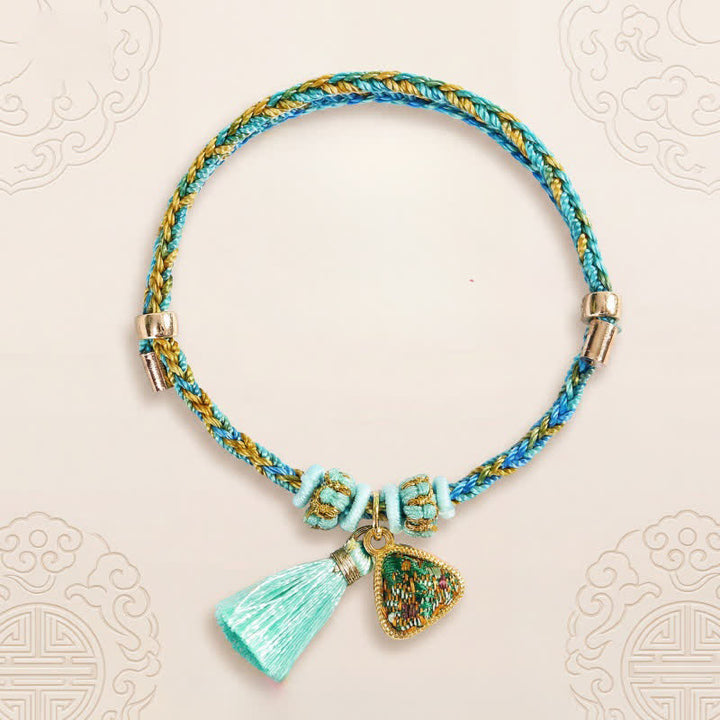 Buddha Stones Ręcznie tkana pięciokolorowa bransoletka z zielonego brokatu z motywem szczęścia i sakiewki z jabłkiem i tykwą w kształcie chińskiego zamka - image 1