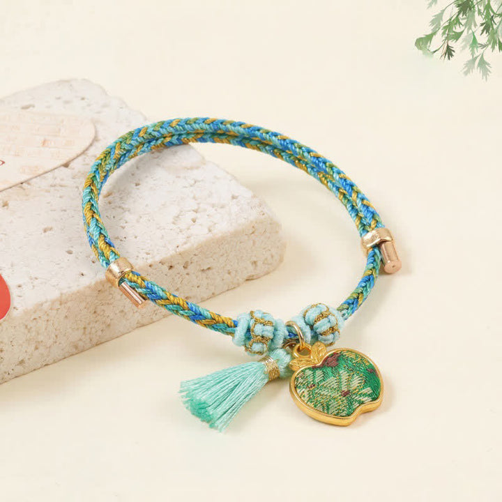 Buddha Stones Ręcznie tkana pięciokolorowa bransoletka z zielonego brokatu z motywem szczęścia i sakiewki z jabłkiem i tykwą w kształcie chińskiego zamka - Jabłko (ten sam odcień koloru – wzór może się różnić) - image 6