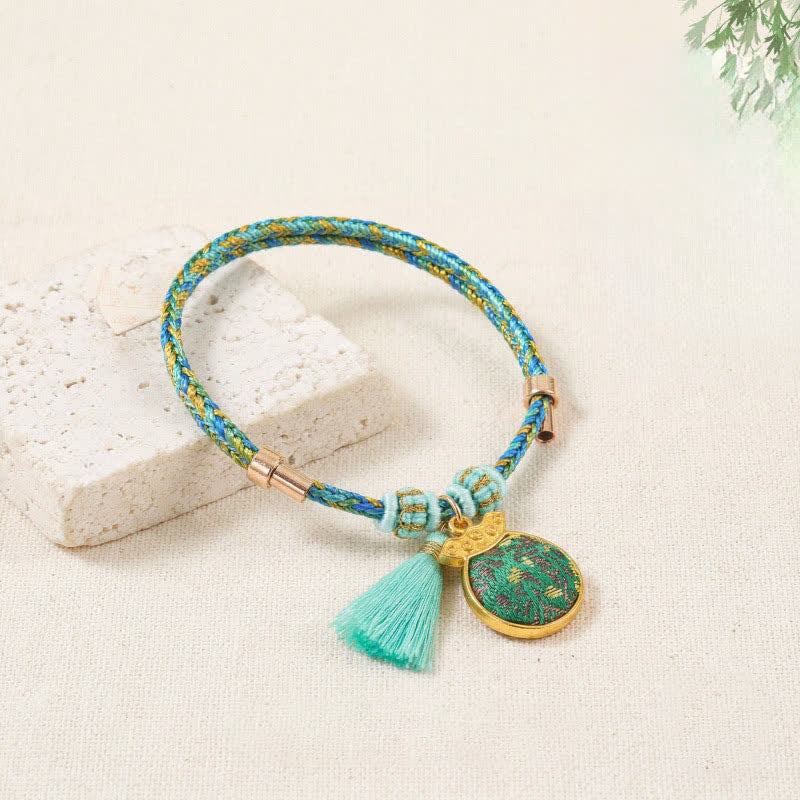 Buddha Stones Ręcznie tkana pięciokolorowa bransoletka z zielonego brokatu z motywem szczęścia i sakiewki z jabłkiem i tykwą w kształcie chińskiego zamka - Worek na pieniądze (ten sam odcień koloru – wzór może się różnić) - image 13