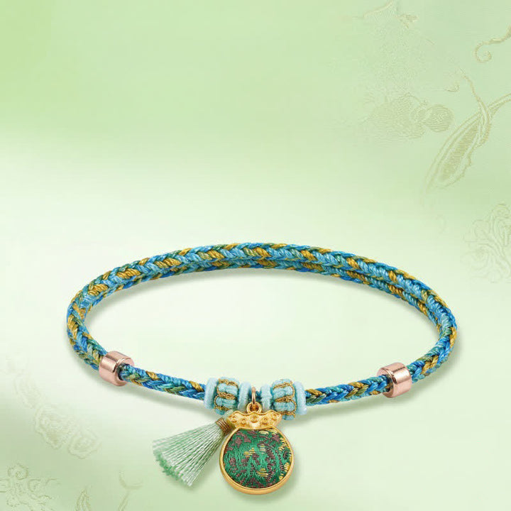 Buddha Stones Ręcznie tkana pięciokolorowa bransoletka z zielonego brokatu z motywem szczęścia i sakiewki z jabłkiem i tykwą w kształcie chińskiego zamka - image 17