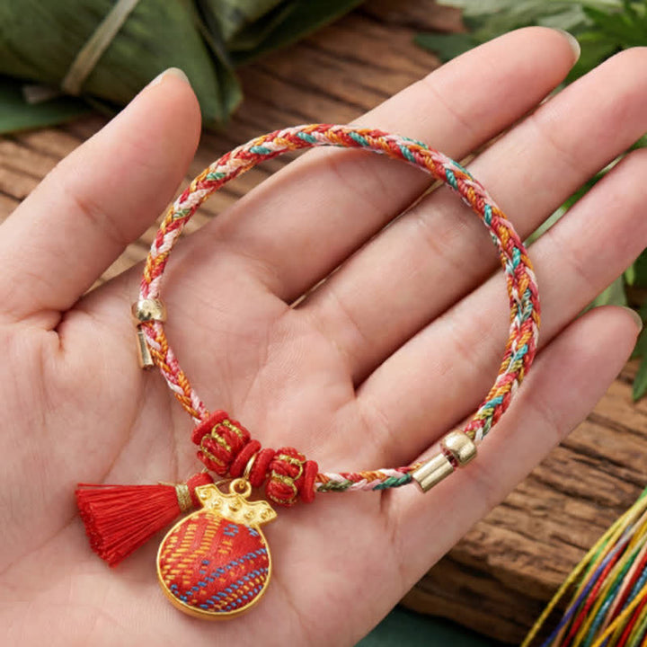 Buddha Stones Ręcznie robiona pięciokolorowa bransoletka z brokatem i chińskim zamkiem, z zawieszką w kształcie woreczka pieniędzy w kształcie jabłka i tykwy, pleciona bransoletka Zongzi - image 6