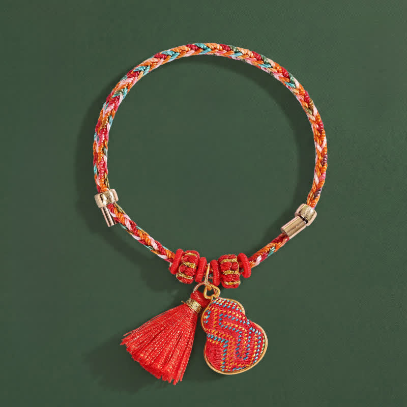 Buddha Stones Ręcznie robiona pięciokolorowa bransoletka z brokatem i chińskim zamkiem, z zawieszką w kształcie woreczka pieniędzy w kształcie jabłka i tykwy, pleciona bransoletka Zongzi - Tykwa (ten sam odcień koloru – wzór może się różnić) - image 11