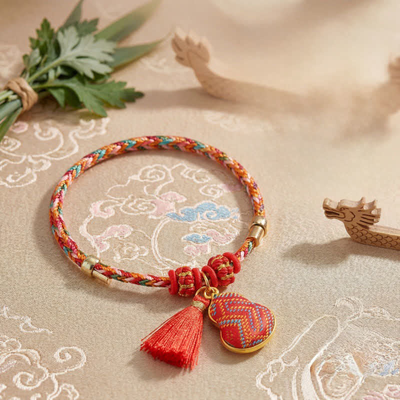 Buddha Stones Ręcznie robiona pięciokolorowa bransoletka z brokatem i chińskim zamkiem, z zawieszką w kształcie woreczka pieniędzy w kształcie jabłka i tykwy, pleciona bransoletka Zongzi - image 12