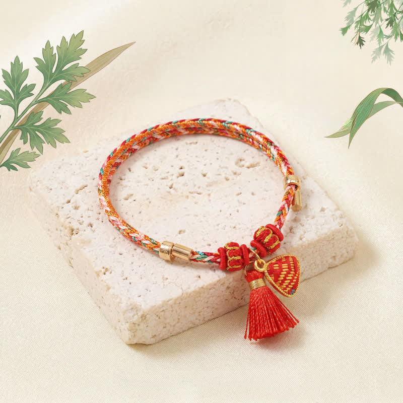 Buddha Stones Ręcznie robiona pięciokolorowa bransoletka z brokatem i chińskim zamkiem, z zawieszką w kształcie woreczka pieniędzy w kształcie jabłka i tykwy, pleciona bransoletka Zongzi - Zongzi (ten sam odcień koloru – wzór różny) - image 17
