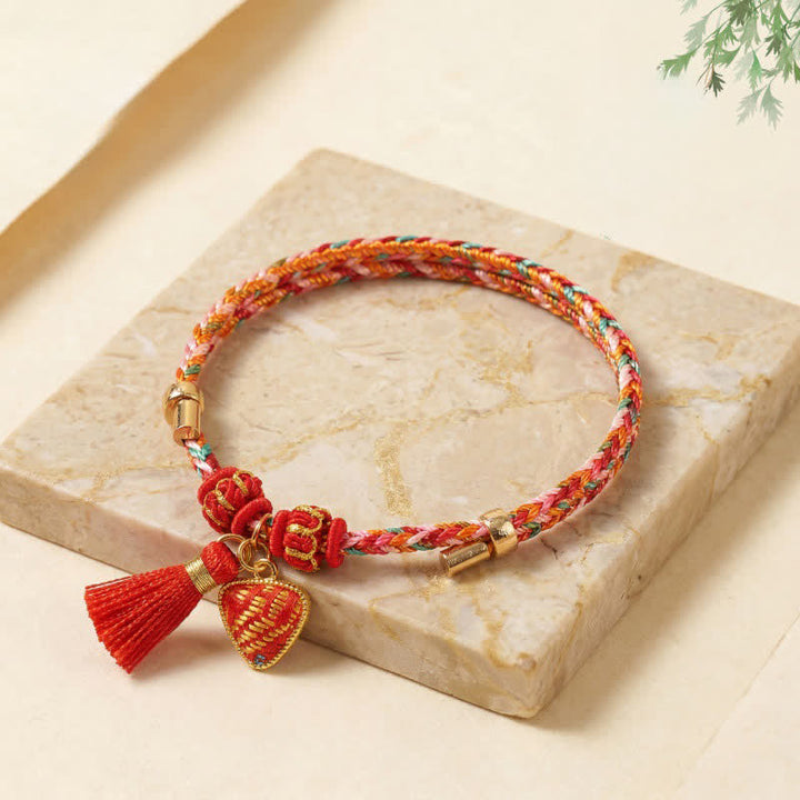 Buddha Stones Ręcznie robiona pięciokolorowa bransoletka z brokatem i chińskim zamkiem, z zawieszką w kształcie woreczka pieniędzy w kształcie jabłka i tykwy, pleciona bransoletka Zongzi - image 20