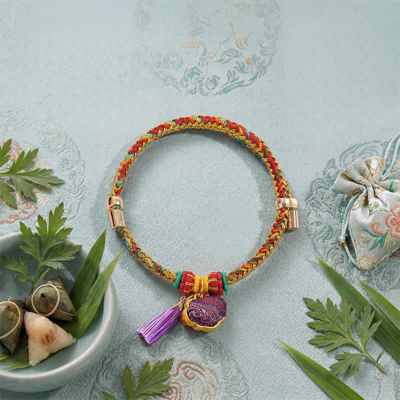 Buddha Stones Ręcznie tkany pięciokolorowy sznurek z brokatem w kolorze fioletowym, chiński zamek z zawieszką, jabłko, woreczek z pieniędzmi, tykwa, Zongzi, regulowana bransoletka - image 7