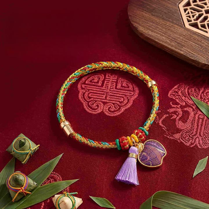 Buddha Stones Ręcznie tkany pięciokolorowy sznurek z brokatem w kolorze fioletowym, chiński zamek z zawieszką, jabłko, woreczek z pieniędzmi, tykwa, Zongzi, regulowana bransoletka - Jabłko (ten sam odcień koloru – wzór może się różnić) - image 18