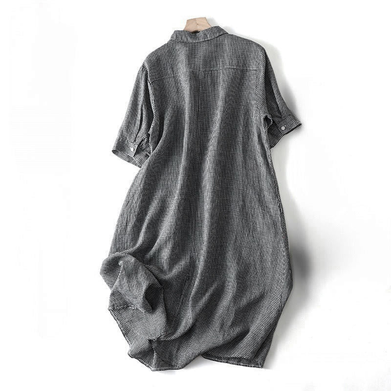 Buddha Stones Letnie, swobodne sukienki damskie w kratę z krótkim rękawem i zapięciem na guziki w stylu vintage - image 5