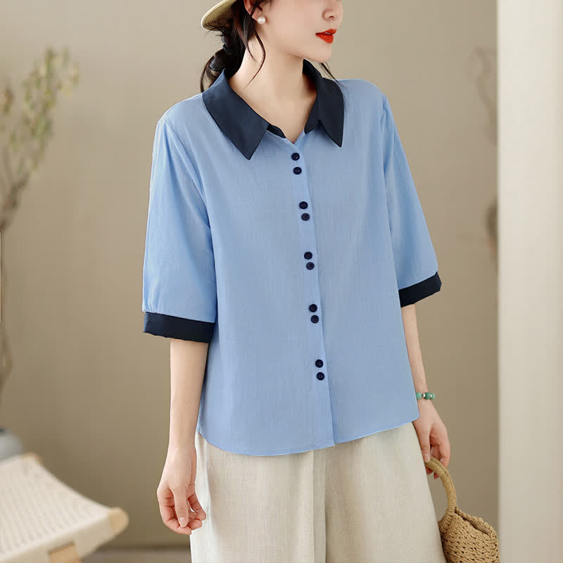 Buddha Stones Letnie eleganckie koszule damskie z krótkim rękawem, zapinane na guziki i z kontrastowym kołnierzykiem - LightSkyBlue - US8-10, UK/AU12-14, EU40-42 (2XL) - image 11