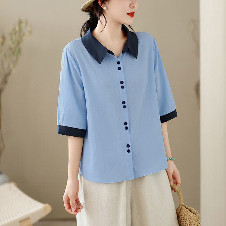 Buddha Stones Letnie eleganckie koszule damskie z krótkim rękawem, zapinane na guziki i z kontrastowym kołnierzykiem - LightSkyBlue - US8-10, UK/AU12-14, EU40-42 (2XL) - image 11