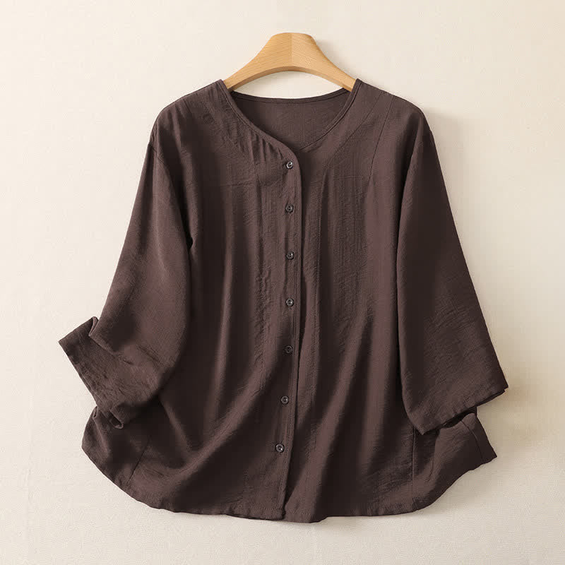 Buddha Stones Letnie, swobodne, minimalistyczne, zapinane na guziki, damskie koszule z długim rękawem - SaddleBrown - US12, UK/AU16, EU44 (3XL) - image 17