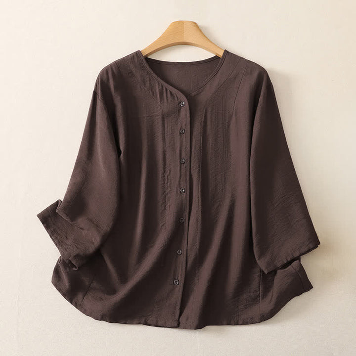 Buddha Stones Letnie, swobodne, minimalistyczne, zapinane na guziki, damskie koszule z długim rękawem - SaddleBrown - US12, UK/AU16, EU44 (3XL) - image 17