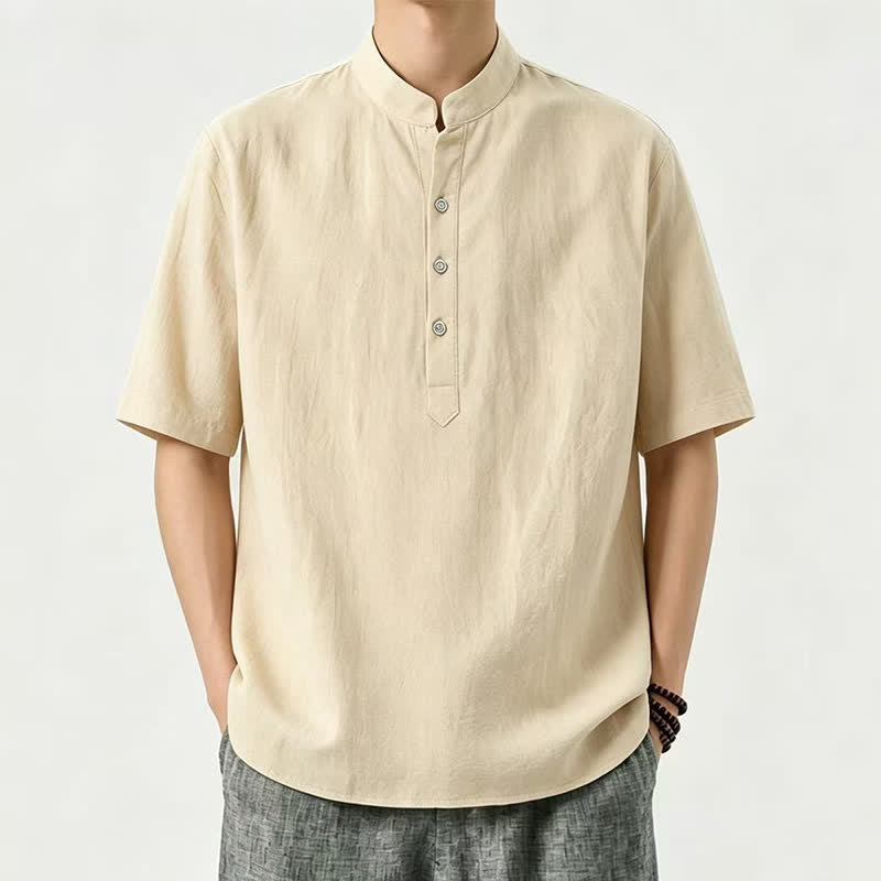 Buddha Stones Letnie, swobodne koszule męskie z krótkim rękawem i kołnierzykiem stójkowym - Khaki - US/UK/AU46, EU56 (5XL) - image 0